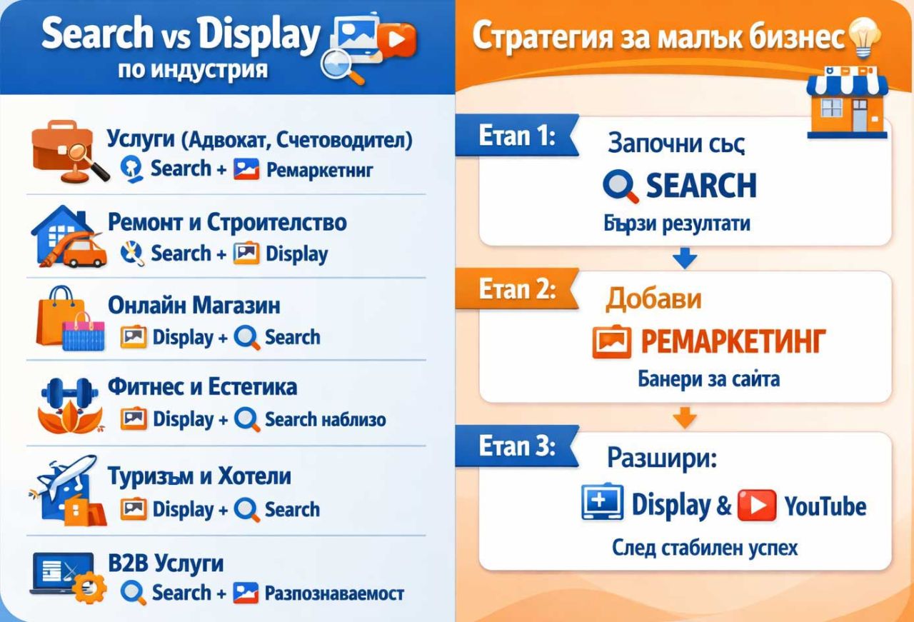 Search vs Display са двата основни типа онлайн реклама