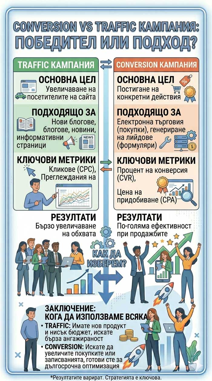 Conversion vs Traffic кампания – коя е по-добра и кога да използваме всяка (подробно с примери)