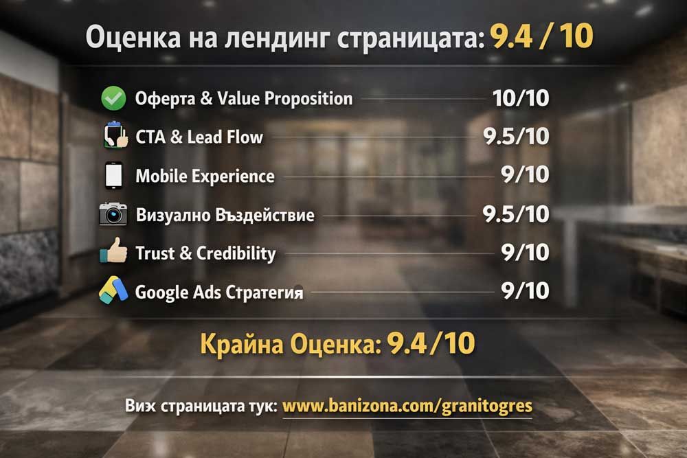 Лендинг за гранитогрес получи 9.4/10 по ключови CRO/Ads критерии!