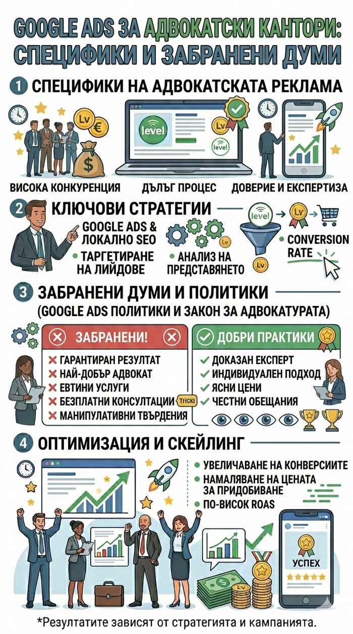 Google Ads за адвокатски кантори: Специфики и забранени думи – подробно ръководство с примери